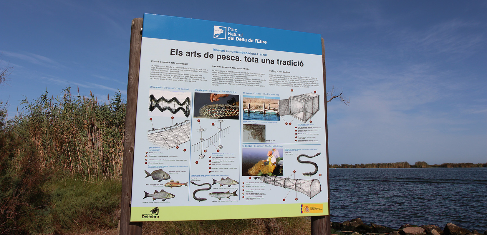 Cartel sobre especies y sistemas de pesca en el Delta del Ebro