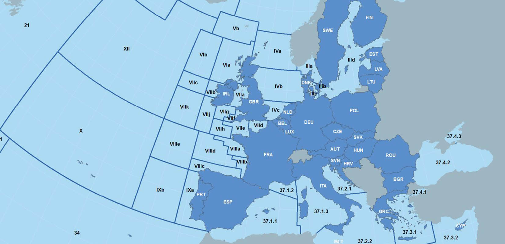 Mapa de las zonas de pesca de la UE fuente FAO
