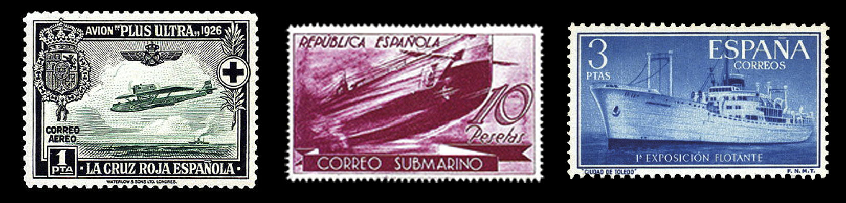 Sello de la Cruz Roja Española. Sello de correo submarino.Sello de la primera exposición flotante