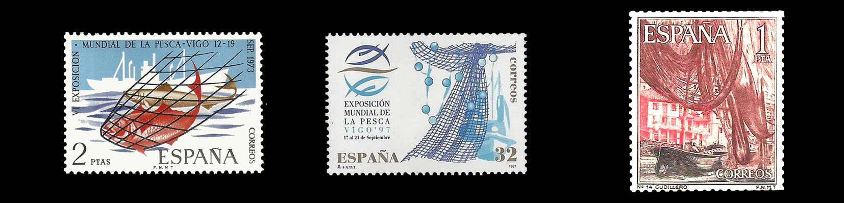 Sellos de la exposición mundial de la  pesca en Vigo 1973 y en 1997. Sello del puerto de  Cudillero