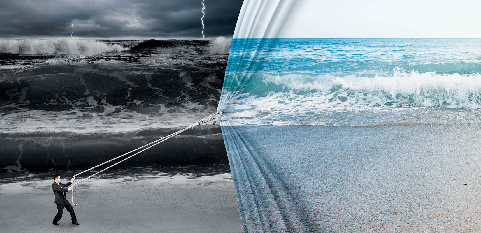 un hombre tira una cometa despejando una noche en el mar