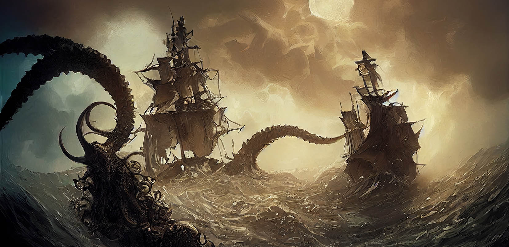 ilustración antigua de un kraken atacando dos goletas