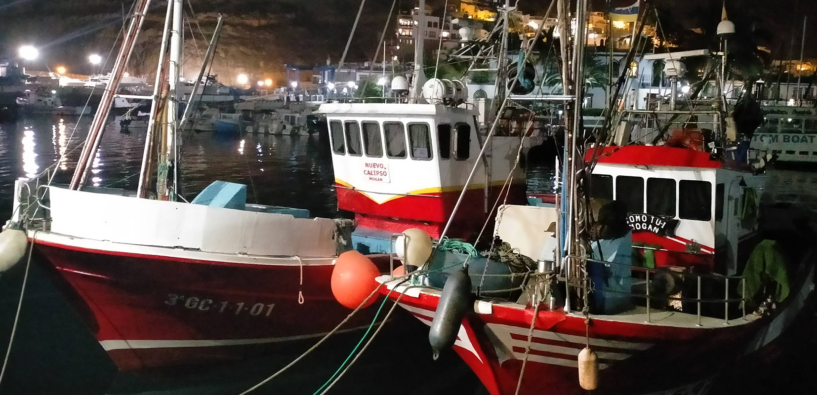 Foto noctura de pesqueros en Puerto Mogán, Gran Canaria