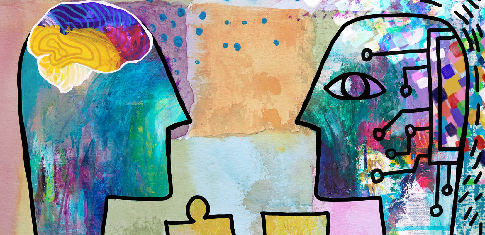 Ilustración que muestra dos cabezas, una humana y otra de androide, simbolizando la unión entre humano e inteligencia artificial