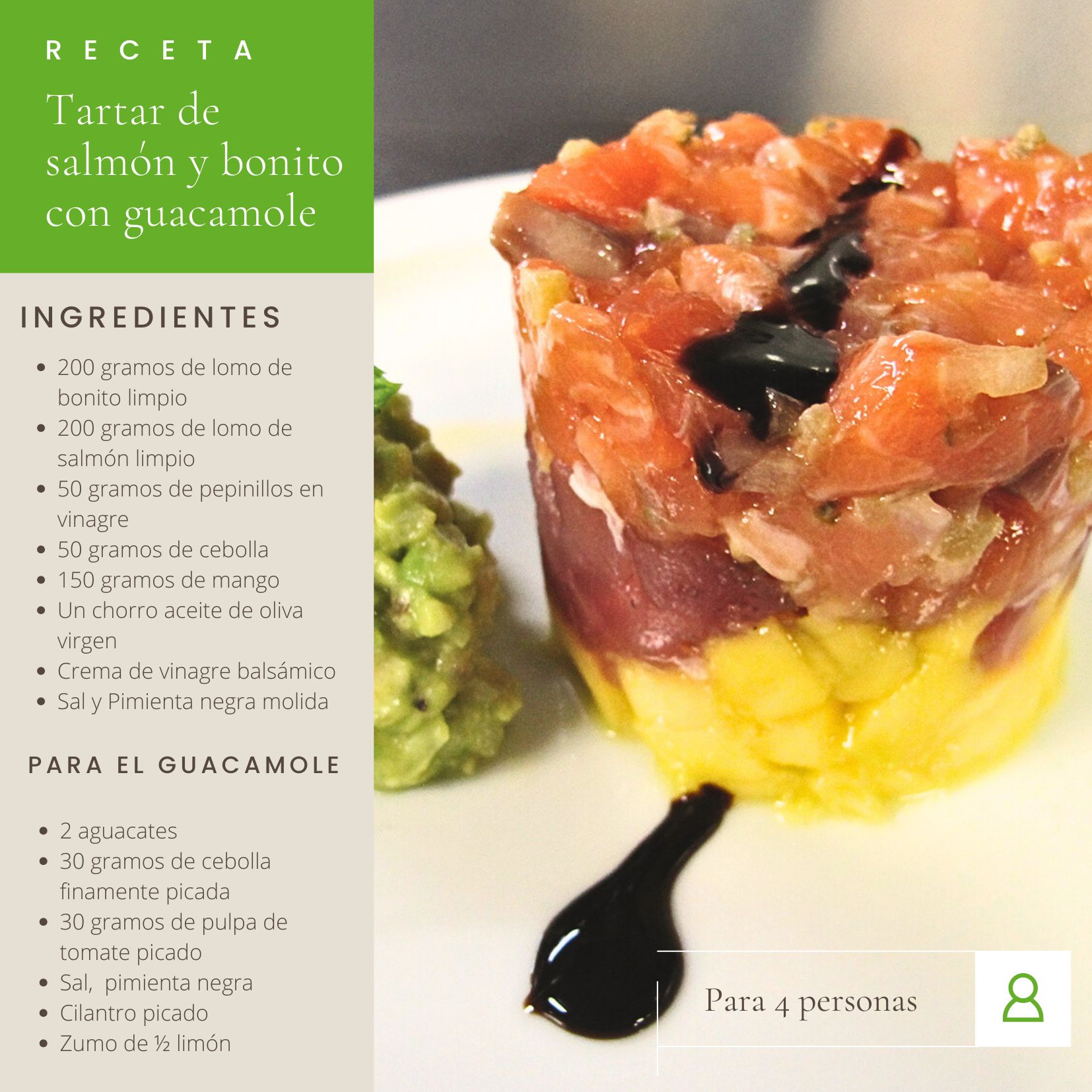 Tartar de bonito y salmón con guacamole, receta gourmet para el personal embarcado, creada por los cocineros y médicos del ISM.